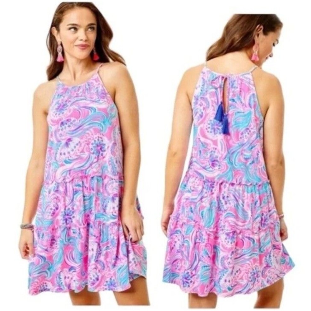 Lilly Pulitzer Evalyn dress Prosecco Pin Don’t be Jelly Pink Blue Sundress M